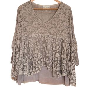 Bella France Lace-Overlay V-Neck Top L Flowy Bohemian Fairy Polka Dot Floral